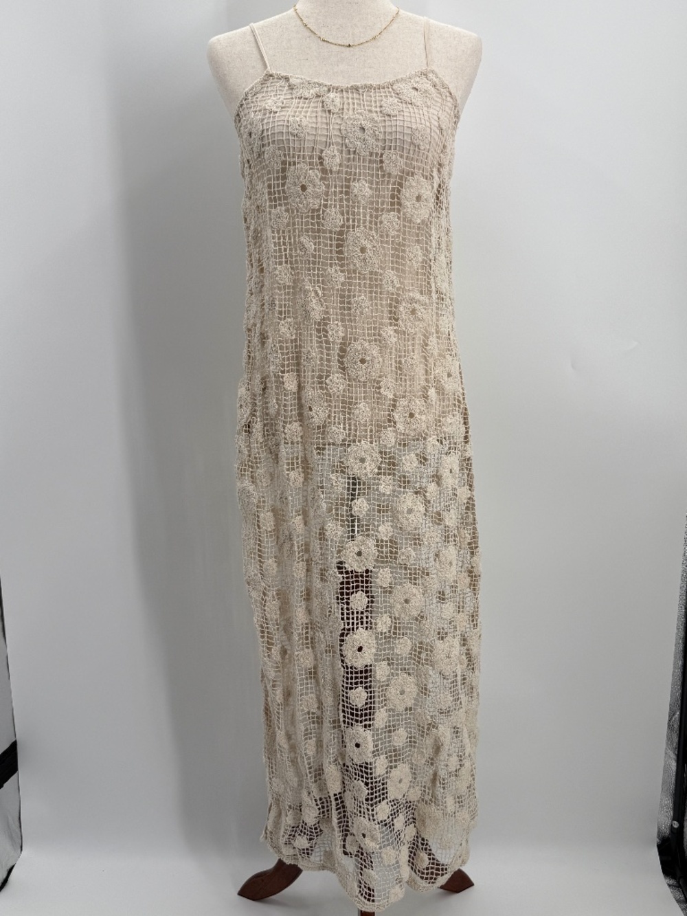 Crochet Swimsuit Cover Floral Beach Resort Knit Maxi Dress Vacation Tan Women L